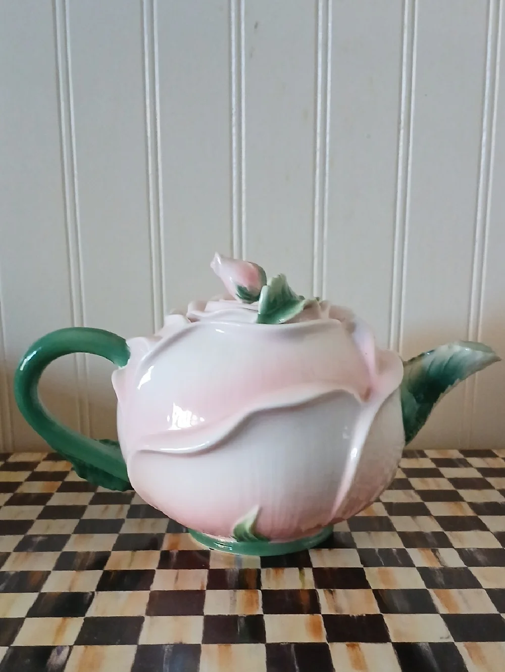 Pier 1 Imports Pink Rose Bud Shaped Flower Teapot Handpainted Flowers Ornate